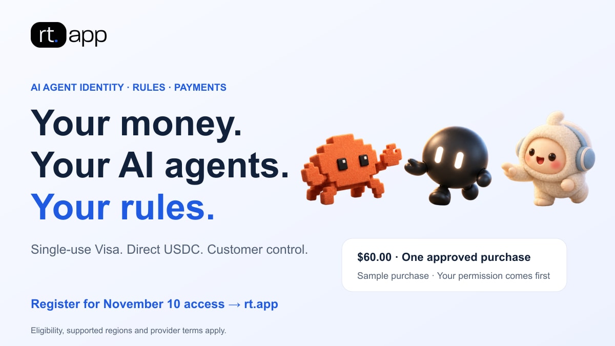 Your money. Your AI agents. Your rules. A sample $60.00 permission for one approved purchase, with equal Visa and direct USDC paths.